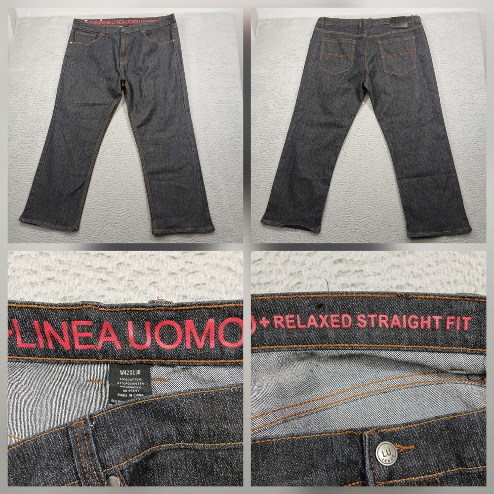 Linea Uomo Relaxed Straight Fit Jeans‎ Mens 42x30 Dark Wash Blue Stretch Denim